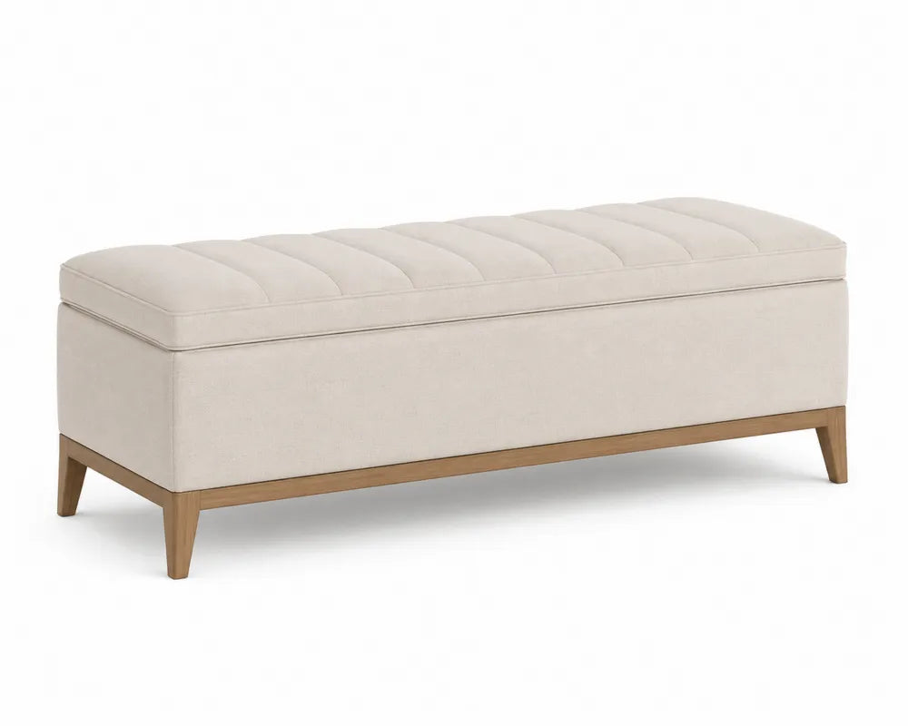 Banc de rangement en bois et tissu polyester beige