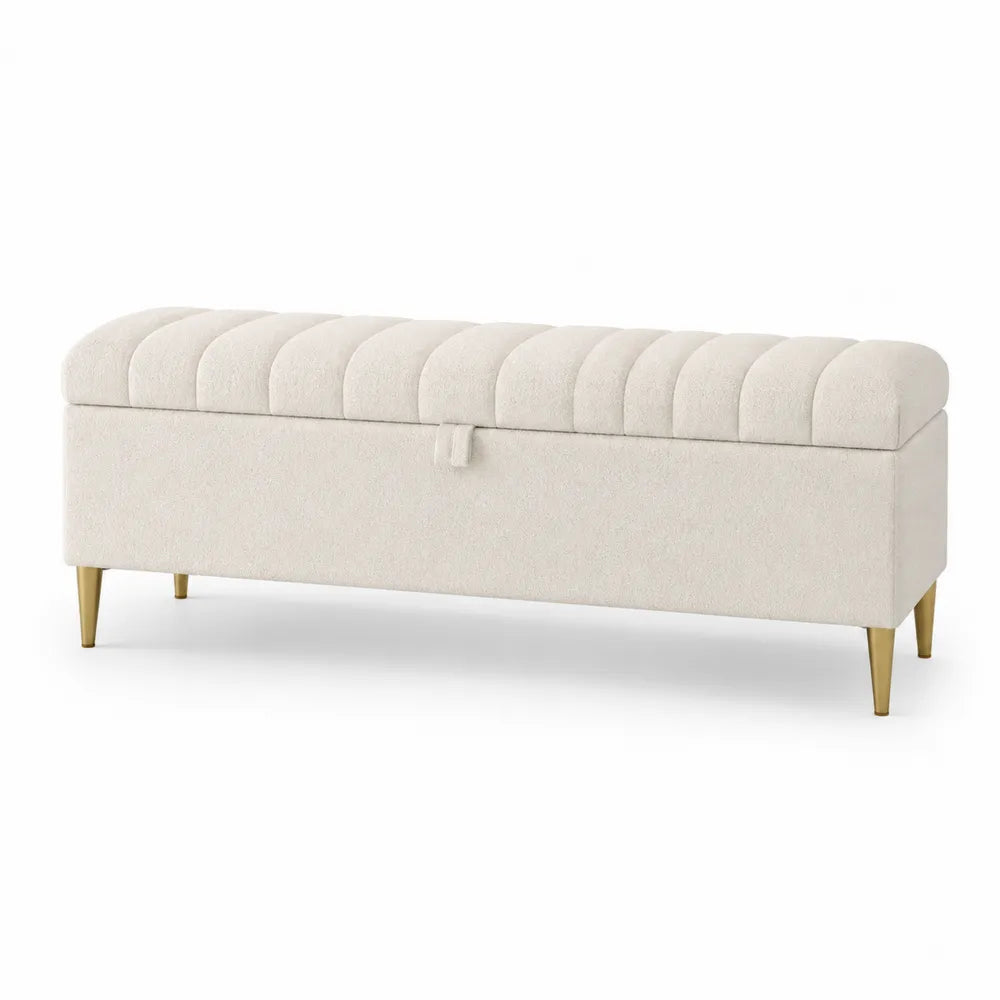 Banc de chambre avec rangement en tissu polyester crème pieds en métal