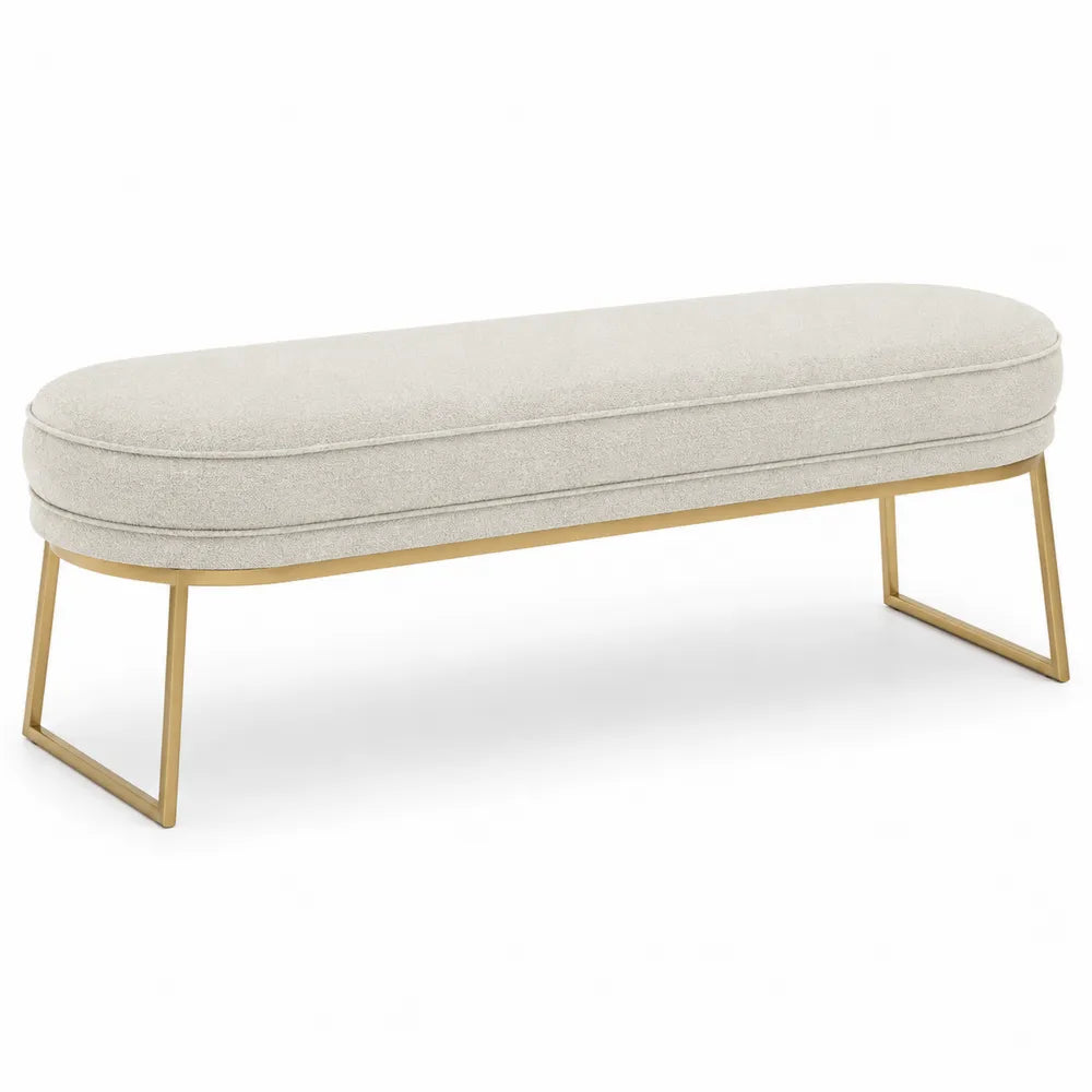 Banc en tissu beige avec pieds en métal doré
