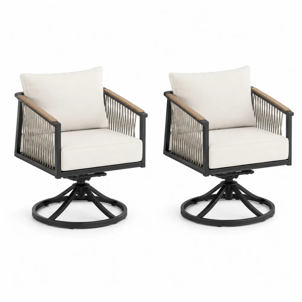 Lot de 2 chaises pivotantes en métal et corde avec coussins beige