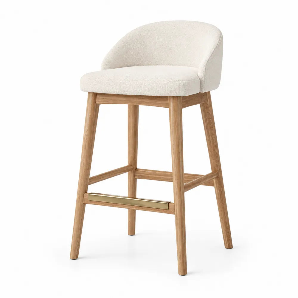 Tabouret de bar en tissu crème avec cadre en chêne