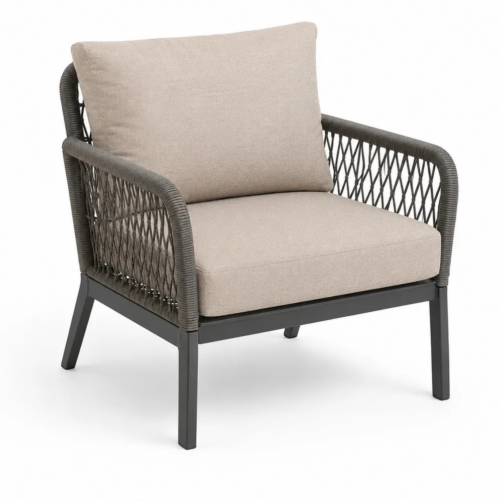 Fauteuil en aluminium et corde avec coussins en polyester beige