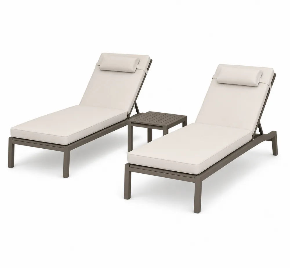Ensemble de 2 chaises longues en métal avec table et coussins en tissu