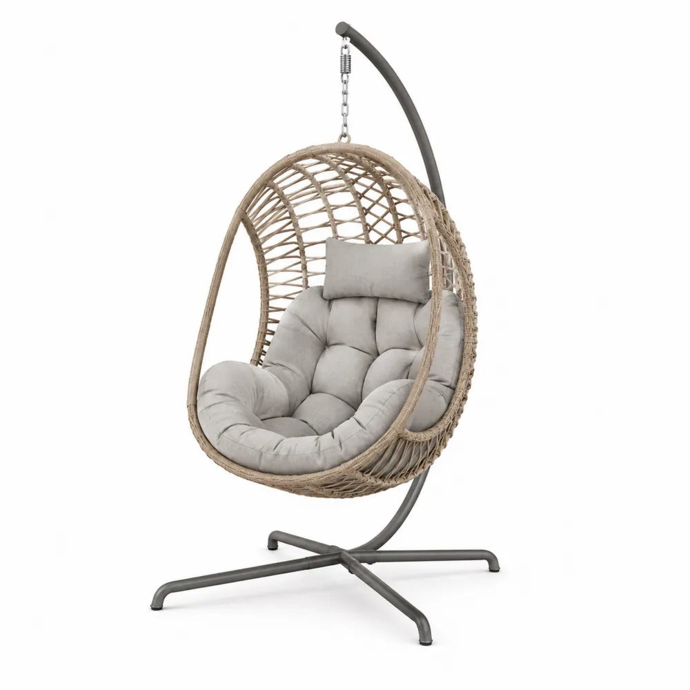 Chaise suspendue en osier avec cadre en acier et coussin gris