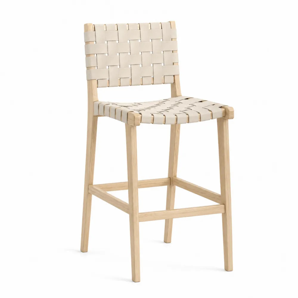 Tabouret de bar en bois de frêne avec lanières crème