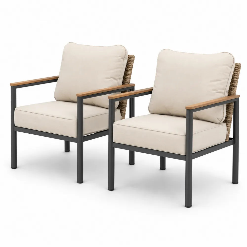 Lot de 2 fauteuils d'extérieur en métal et bois avec coussins beige