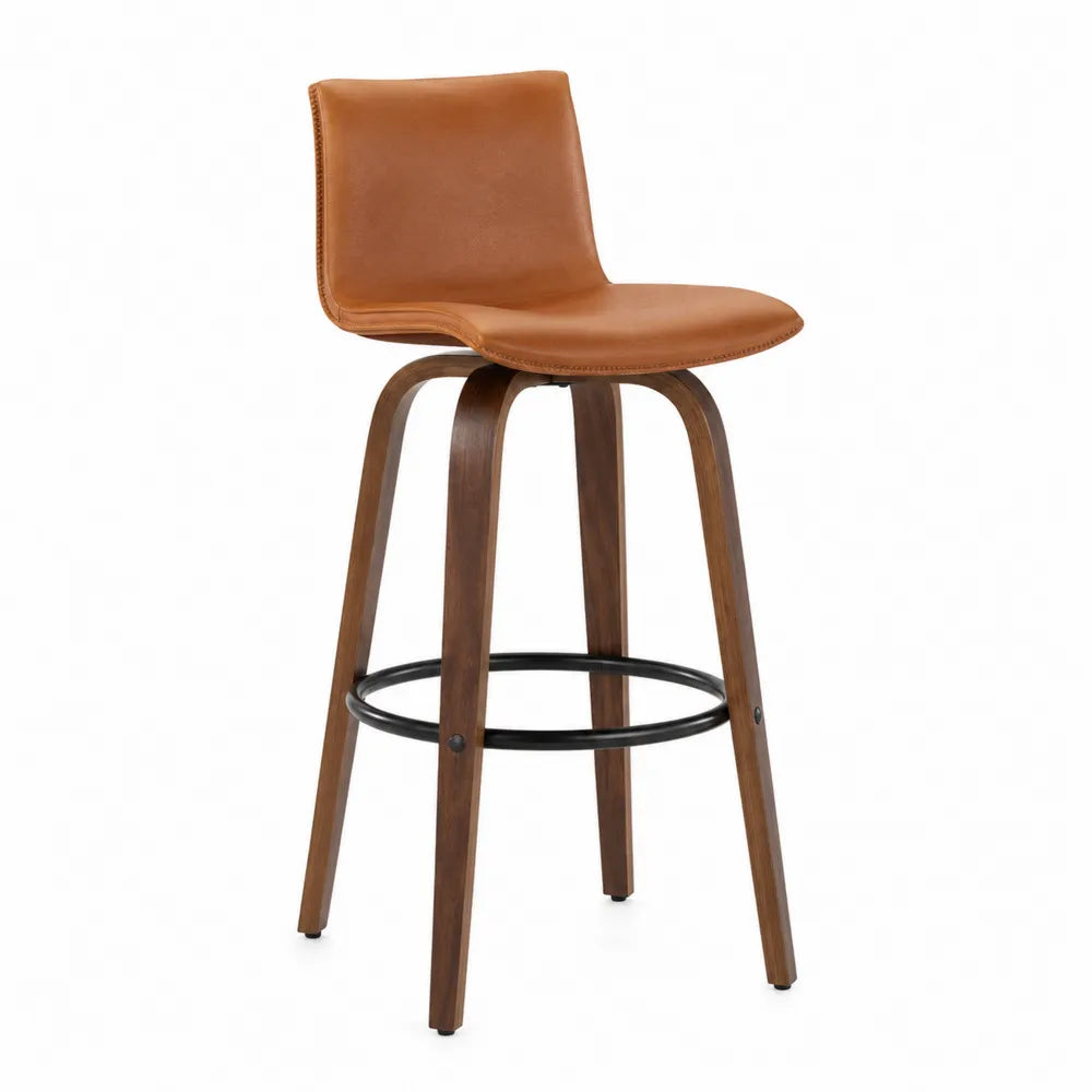 Tabouret de bar en bois et similicuir marron, hauteur 110 cm
